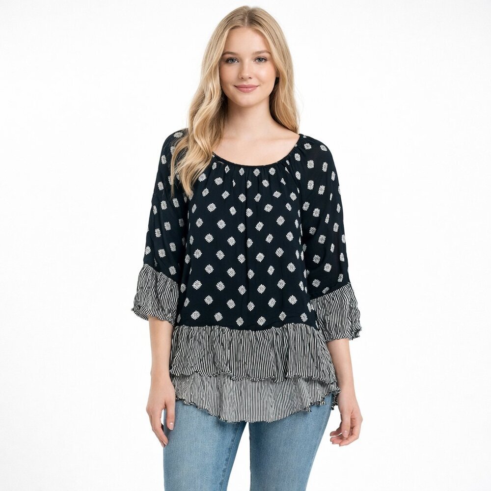 2/$30 TIMING Mixed Media Ruffled Peasant Top Elbow Sleeve Black Multi #A1521